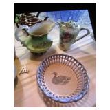 2 hand painted pitchers &  laced bowl