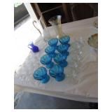 blue sherbets,glass pitcher,vase & glasses