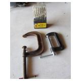 drill bits & 2  c-clamps