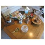 suitcase,figurines,brass items,blanket & items
