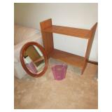 shelf,wall mirror & vintage plastic trashcan