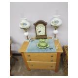 nightstand,2 lamps,clock,pitcher w/bowl