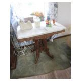 antique marble top lamp table & items on top