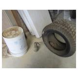 2 mower tires,oil can & bucket