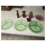 green depression divider plates & glassware