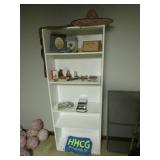 white bookshelf & all collectibles & items on it