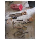 vise,red toolbox,pullers,taps,saw & tools