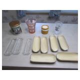 pink depression vase,corncob dishes,tin,items