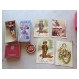 bubbles w/box,postcards,cig. tin,lucky strike pin
