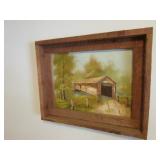 covered bridge oil on canvas picture