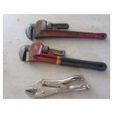 2 pipe wrenches & vise grips