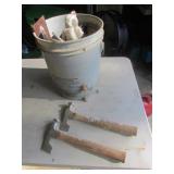 2 blue grass hatchets & mason tool in bucket