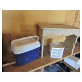 wood bench,cooler,plastic organizer