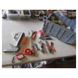 gray tote,pvc,tape measures & tools