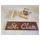 pencil sharpener,thermometer & st.clair sign