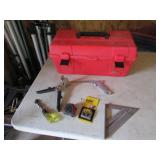 red toolbox,square,tape measure & tools