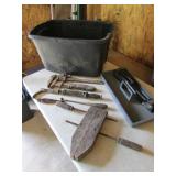 black tote,antique wood clamp,nail puller & tools