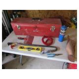 red craftsman metal toolbox,crowbar & tools