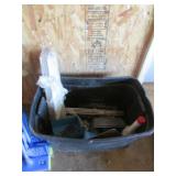 tote of misc items & rubber rolls