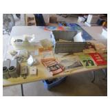 gray tote,electrical items & paper goods