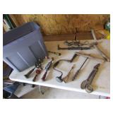 tote,antique drills,nail puller & tools