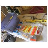 blue tote,level,pencils,screws,hardware & items