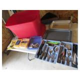 red tote,sponges,pans,silverware & items