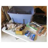 blue tote,sanders,tool belt,oil pan & items