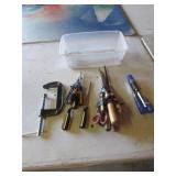 container,chisels,screwdrivers & c-clamp