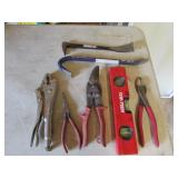 pry bars,level,tin snips,vise grip & pliers