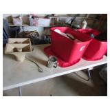 2 red totes of kitchenware & 2 speakers