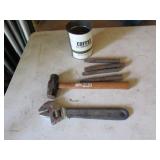 hand sledge,adjustable wrench & tools w/can