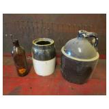 crock jug,crock & amber whiskey bottle