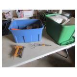 blue & green totes of kitchenware & items