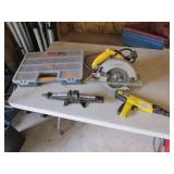 organizer,non-working dewalt saw,jack & tool