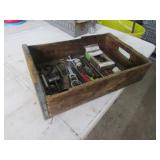 soda bottle crate & items inside