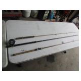 3 fishing poles w/south bend fly reel