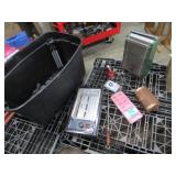 tote,2 heaters,oil can,wood box,metal box & items