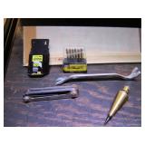 brass plumb bob,drill bits,allen pack,bar & blades