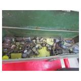 green toolbox w/brass items & misc items