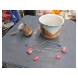 hand painted chamber pot,copper dipper & items