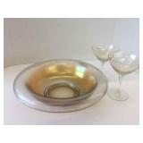 LARGE IRRIDESCENT FRUIT / SALAD BOWL & PR OF COUPE