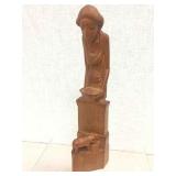 AFRICAN HAND CARVED WOOD STATUE - LADY FEEDING PIG