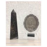 FOSSIL STONE OBELISK & PEWTER PRIEST BLESSING MAN