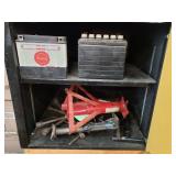Cabinet with Jack Stands, Tire Tools and Batteries