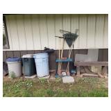 Bench, Trash Cans and Long Handled Tools