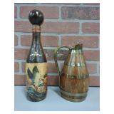 WOOD PITCHER & LEATHER COVERED DECANTER