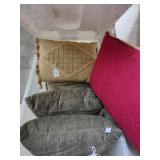 2 TUBS OF DECORATIVE PILLOWS & BLANKET