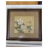 Signed Painting on Cloth of Roses and Butterflies