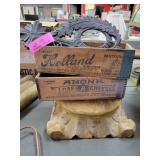 Collection of Two Wooden Cheese Crates and Carved